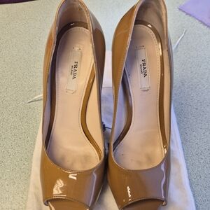 Prada Patent Leather Peep-Toe Pumps in Camel Tan